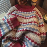 Purpdrank  Women's 2025 Autumn Winter New Loose Round Neck Long Sleeve Top Vintage Jacquard Christmas Red Knitted Sweater Pullover