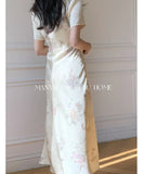 Purpdrank  New Summer Style Square Neckline New Chinese Style Satin Socialite Temperament Waist-hugging Dress for Women