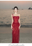 Purpdrank  Red Engagement Dress High-End Luxury Niche Heavy Lace Sexy Corset Bustier Dress Birthday Dress