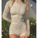 Purpdrank  y2k Playsuit Women Fairycore Clothing Floral Print V Neck Button Down Long Sleeve Bodycon Jumpsuit Sexy Streetwear