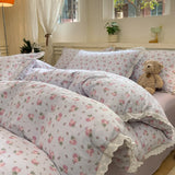 Purpdrank  INS Korean Style2025 New Yungan Cotton Wrinkled Double-layer Yarn Lace Bedding Sets