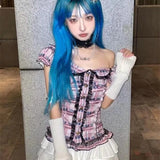 Purpdrank Vintage Sweet Pink Plaid V-neck Lace Shirts Women Y2k Slim Fit Single Breasted Blouses 2025 Spring Short Sleeve Blusas Mujer