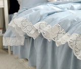 Purpdrank  100% Cotton Bedding Set Luxury Blue Plaid Printing Princess Lace Duvet Cover Bed Skirt Bedspread Pillowcases Home Textile