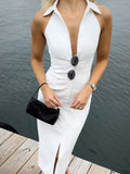 Purpdrank  Summer Sleeveless Single Breasted Dress Fashionable Ladies Slim Fit Collar Solid Color Long Dresses Women's Clothing