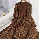 Purpdrank  Autumn Winter New Korean Version of Age-reducing Splicing Strap Slimming Knitted Long Dress Fashion Corduroy Floral Dress