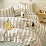 Purpdrank  Cute Cartoon Embroidery Stripe Bedding Set Washed Cotton Soft Four Piece Sets Pillowcase Duvet Cover Set 200x230cm Home Textiles