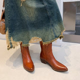 Purpdrank - 2023 New Winter Chelsea Boots for Woman Genuine Leather Pointy Toe Wedge Heel Ankle Boots Simple Comfortable Cowboy Boots Female