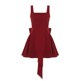 Purpdrank  Cute Mini Gowns For Party Dating Outfits Red Square Collar Strap Backless High Waist Bowknot Patchwork Pleated Dresses