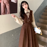 Purpdrank - Vintage Patchwork Dress Long Sleeve Spring Autumn Preppy Style Temperament Clothing Fake Two Piece Female Slim Women Dresses
