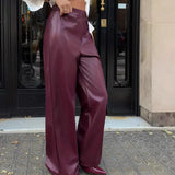 Purpdrank  High Waist Wide Leg Pants Women Casual Office PU Leather Trousers