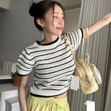 Purpdrank  Vintage Striped Women's Knitted T-shirts 2025 New Summer Casual Loose O-neck Hollow Out Knitwear Short Shirts Top Female