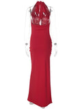 Purpdrank  New Fashion Women Halter Backless Slit Maxi Dress Solid Swinging Collar Sleeveless Slim Sexy Party Evening Elegant Outfit