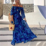 Purpdrank  Vintage Pattern Print Long Dress Women Sexy Off Shoulder Long Sleeve Party Dress Fashion Waist Pleat Loose Hem Beach Dress