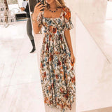 Purpdrank  Summer Beach Dress Women Casual Short Sleeve Square Collar Elastic Waist High Waist Bohemian Floral Print Maxi Dress Plus Size