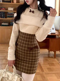 Purpdrank  Winter Japanese Knitted Sweet Patchwork Dress Women Cute Brown Vintage Plaid Party Dresses New Harajuku Fit Chic Clothing