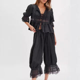 Purpdrank  New Hollow Lace Tie Home Wear Cropped Pants Women's Autumn Fashionable And Elegant Comfortable Skin-Friendly Daily Pajama Pants