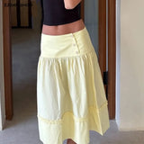 Purpdrank  New Holiday Buttons Low Waist Midi Long Skirt Women Spliced Ruched Wood ears Swing A-lined Skirts Boho Yellow White