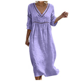 Purpdrank  Women's Casual Cotton Linen Dress Elegant Lace Trim Openwork V Neck Solid Color Loose Fit Summer Dress Boho Flowy Office Dresses