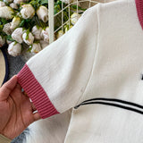 Purpdrank  Korean Sle Student Stripe Knitted T-irt Top High Waist A-Line Skirt Set round Ne ort Sve Casual Faion Ensemble