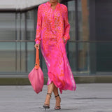 Purpdrank  Vintage Leopard Print Loose Long Dress Women Elegant V-neck Side Split Shirt Dress Fashion Button Long Sleeve Pocket Party Dress