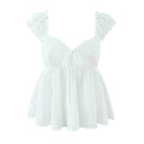 Purpdrank  Sweet White Hollow Out Embroidery Hole Bow V neck Wood ears Sleeve Tank Top Women Summer Elastic Back Swing Hem Vest Crop Top