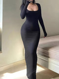 Purpdrank  Autumn Dresses Women's Elegant Mature Vibe Plain Long Sleeve Square Neck Midi Daily Bodycon Dresses