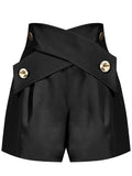 Purpdrank  Summer High Waist Shorts Cross Bandage Buttons Decoration Loose Wide Leg Casual Short Pants Khaki