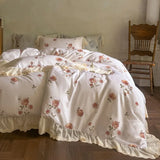 Purpdrank  Rose Flowers Print Lace Ruffles Bedding Set Lyocell Soft Silky Cool Feeling Duvet Cover Flat/Fitted Bed Sheet Pillowcase 4Pcs