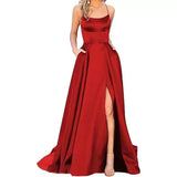 Purpdrank  women's Satin Prom Dresses Spaghetti Straps Backless Long Dress with High Slit Mermaid Formal Party Gown with Pocket Vestido