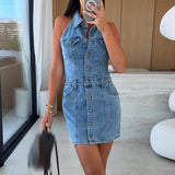 Purpdrank  Fashion Lapel Sleeveless Denim Dress Women Elegant Single Breasted Slim Mini Dress Casual Pocket High Waist Solid Party Dresses