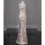 Shiny Pink Mermaid Evening Dresses Bowknot Sequined Beading Detachable Tailing Halter Collar Customize Luxury Prom Gowns 2024