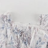 Purpdrank  Fashion Printing Lace Up Tierred Dresses Spring Women Square Collar Long Sleeved Short Dress Autumn High Waist Slim Mini Dress