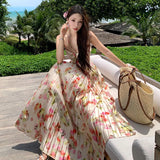 Purpdrank  New Floral Waist-Cinching Slimming 7m Pleated Long Halter Dress for Women