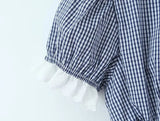 Purpdrank  Sexy Blue Plaid Lapel V neck Short Puff Sleeve Shirt Tank Top + Women Bow Zipper Waist A-line Pleated Mini Skirt 2 Pieces 1 Set