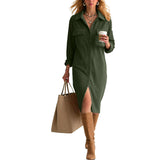 Purpdrank  Women's Corduroy Maxi Dress Lapel Collar Button Down Long Sleeve Casual Shirt Dress With Pockets Loose Side Slit Office Dresses