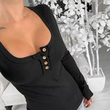 Purpdrank  Spring Elegant Women Corset Skinny Shirt Top New Chic Long Sleeve U Neck Button Slim Ribbed Stretchy T-shirt Streetwear