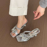 Purpdrank  Women Crystal High Heels Slippers Luxury Sexy Sandals Square Toe Shoes Summer 2025 New Designer Party Shoes Open Toe Flip Flops