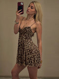 Purpdrank  Sleeveless Backless Slim Lace Up Leopard Print Mesh Cami Mini Dress Sexy Elegant Casual Dress Party Club Summer Clothes