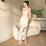 Purpdrank  Shimmering Fairy Design French Style White Textured Patchwork Jacquard Long Slip Dress