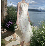 Purpdrank  Summer New Fairy Style Sweet Pure Slim Fit Slimming White Printed Embroidered Strap Dress for Women