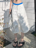 Purpdrank  White High Waist Straight Wide Cargo Jeans Short Mujer Y2K Streetwear 2000s Casual Loose Pocket Denim Baggy Shorts Women Bermuda