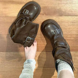Purpdrank  Retro Mid-Calf  Boots Women's Long Boots Thi Bot ort Boots Korean Sle Spring Autumn Season Flat Heel PU Material