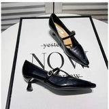 Purpdrank  Fashion Pointed Toe Buckle-heeled Single Shoes Retro Solid Color Women's Shoes Medium Heels Casual Shallow Mouth Zapatos Mujer