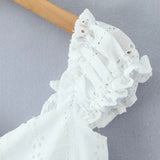 Purpdrank  Sweet White Hollow Out Embroidery Hole Bow V neck Wood ears Sleeve Tank Top Women Summer Elastic Back Swing Hem Vest Crop Top