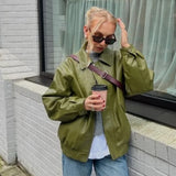 Purpdrank  Fashion Green Leather PU Jacket Women Loose Laple Zipper Long Sleeve Single Breasted Pocket Coat 2025 Autumn New Lady Streetwear