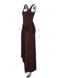 Purpdrank  Elegant U-Neck Sleeveless Bodycon Long Dress Women's Solid Color Ribbon Tie-up Ruched Slim Maxi Dress for Date Night Party