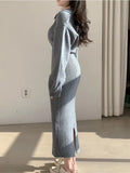 Purpdrank Autumn Winter Vintage Korean Long Sleeve Knitted Sweater Dresses Woman Zipper Lapel Elegant Warm Midi Bodycon Dresses Robe