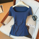 Purpdrank  Korean Pleated Square Collar T Shirt Women Summer New Fashion Drawstring Knitting Tops Korean Chic Slim Folds Female Tees