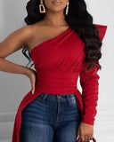 Purpdrank  Solid One Shoulder Long Sleeve Blouse Skew Collar Dip Hem Shirts
