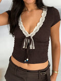 Purpdrank  Dark Brown Lace V Neck Tie Front Women's Chic Tops Short Sleeve Ruched Fitted Blouse New Lady Daily Commute Street Shirts